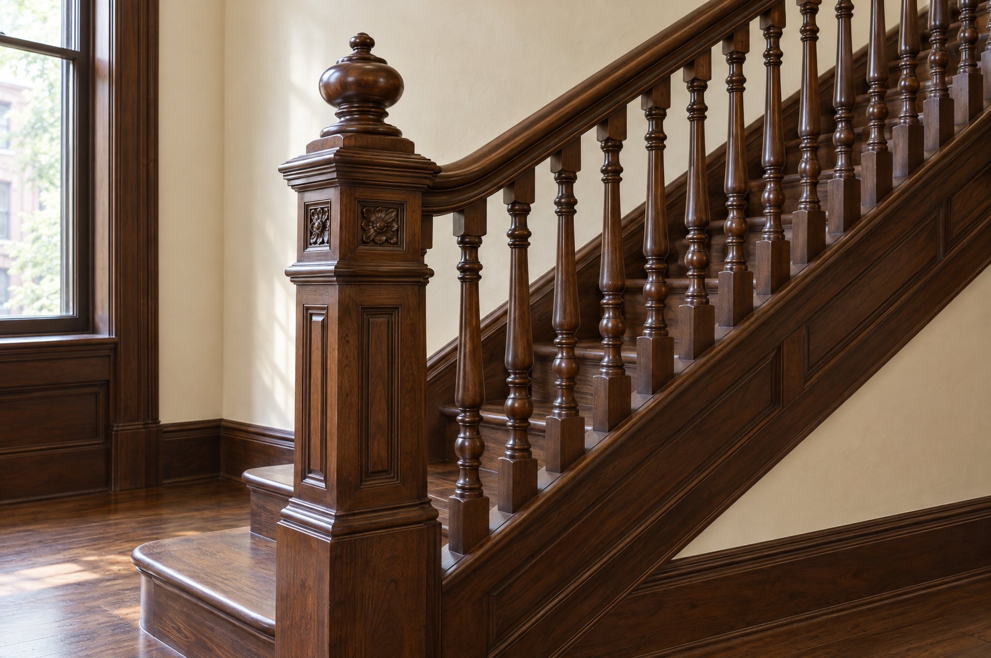 The same staircase with balusters replaced and the rail refinished