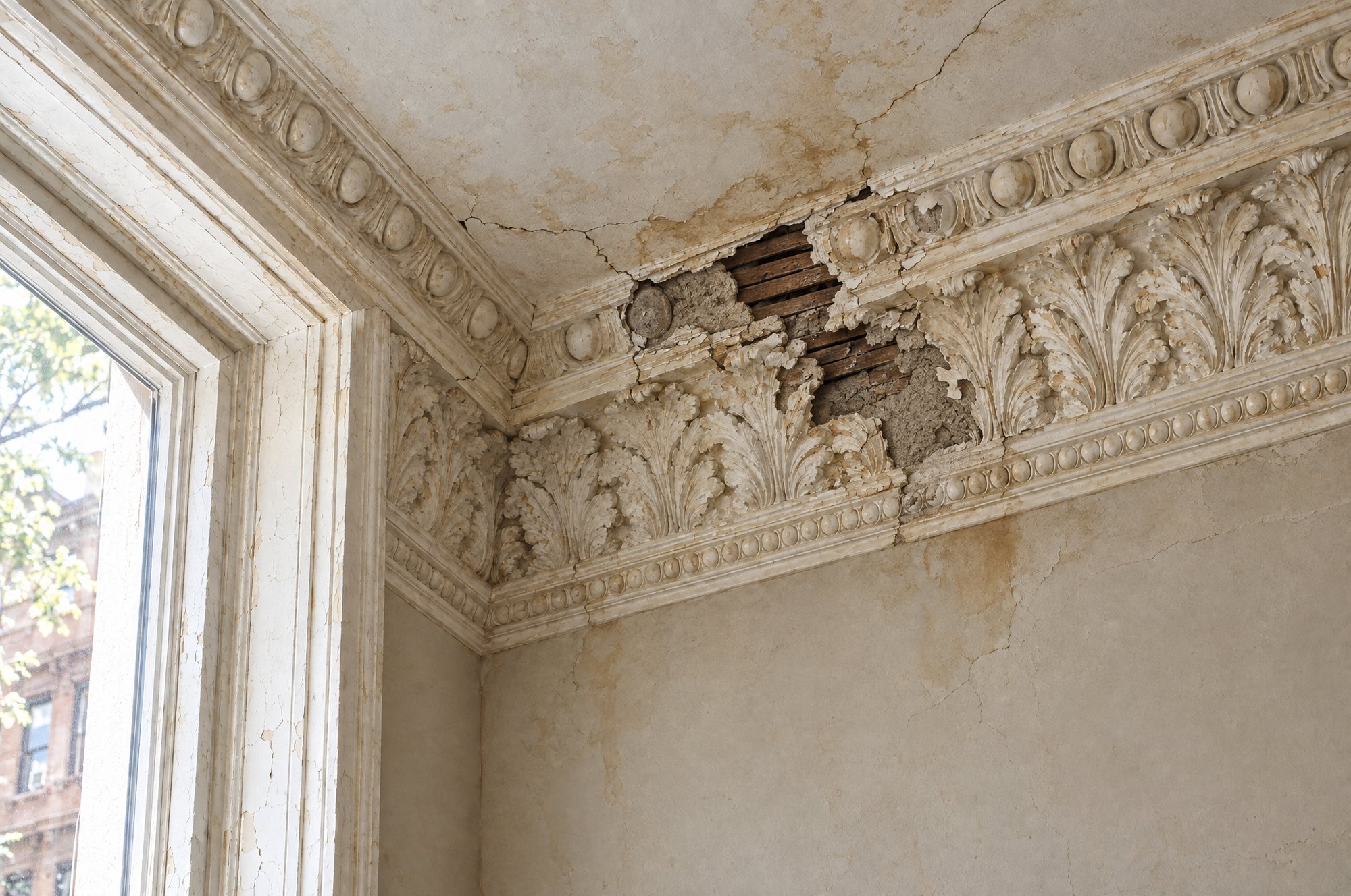 Cracked original plaster cornice with a missing run above the parlour windows