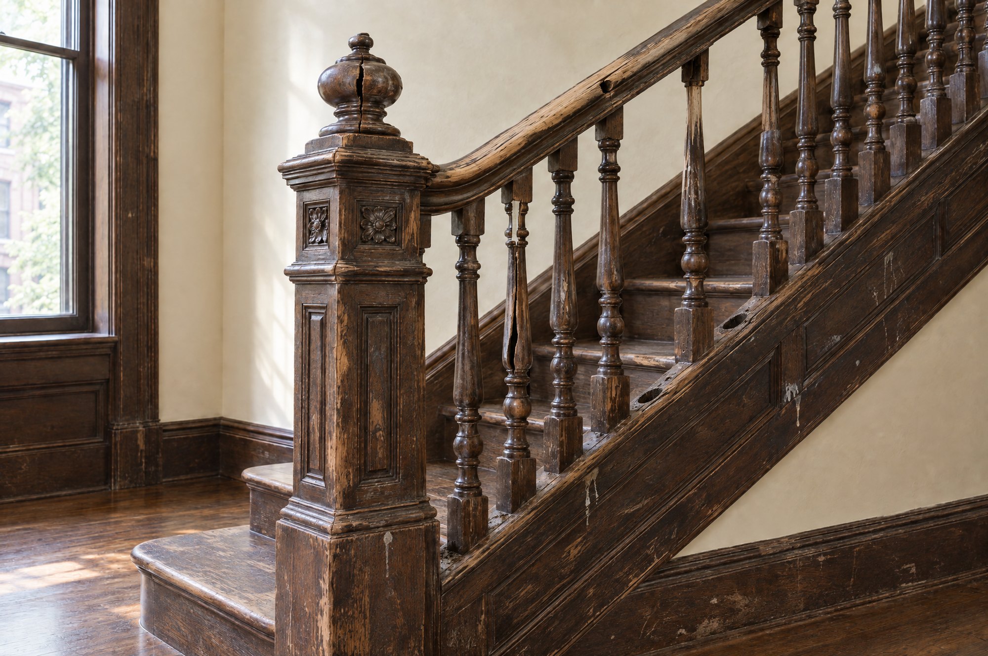 Worn staircase with missing and split balusters
