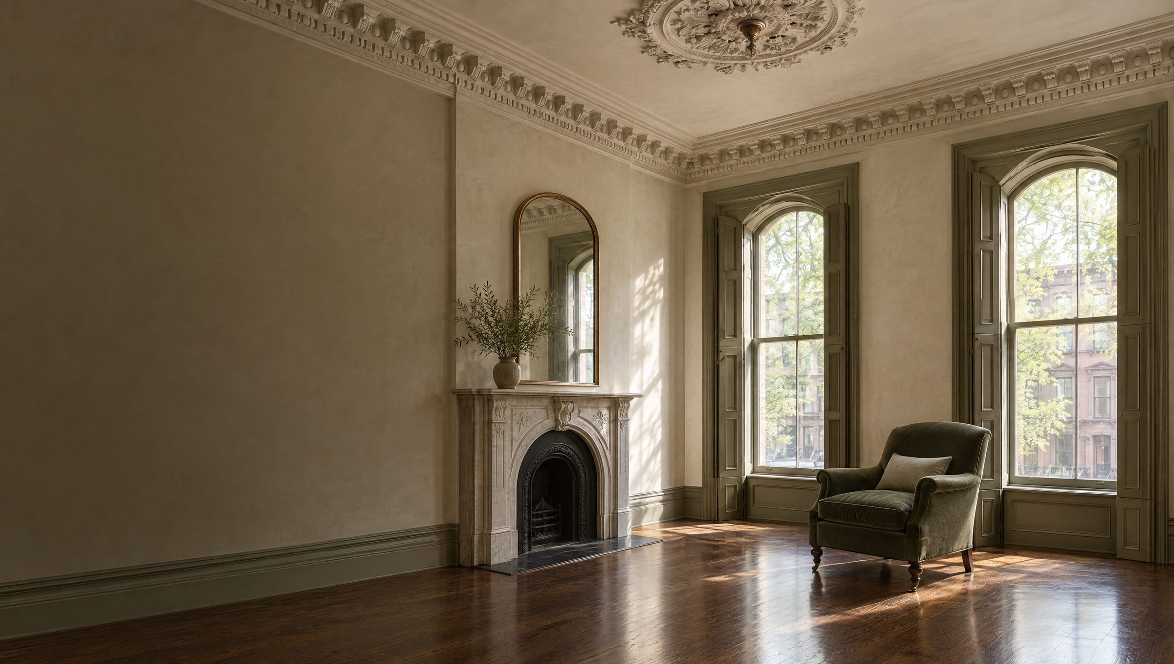 A restored brownstone front parlour with a deep enriched plaster cornice, ceiling medallion, marble mantel and tall shuttered windows