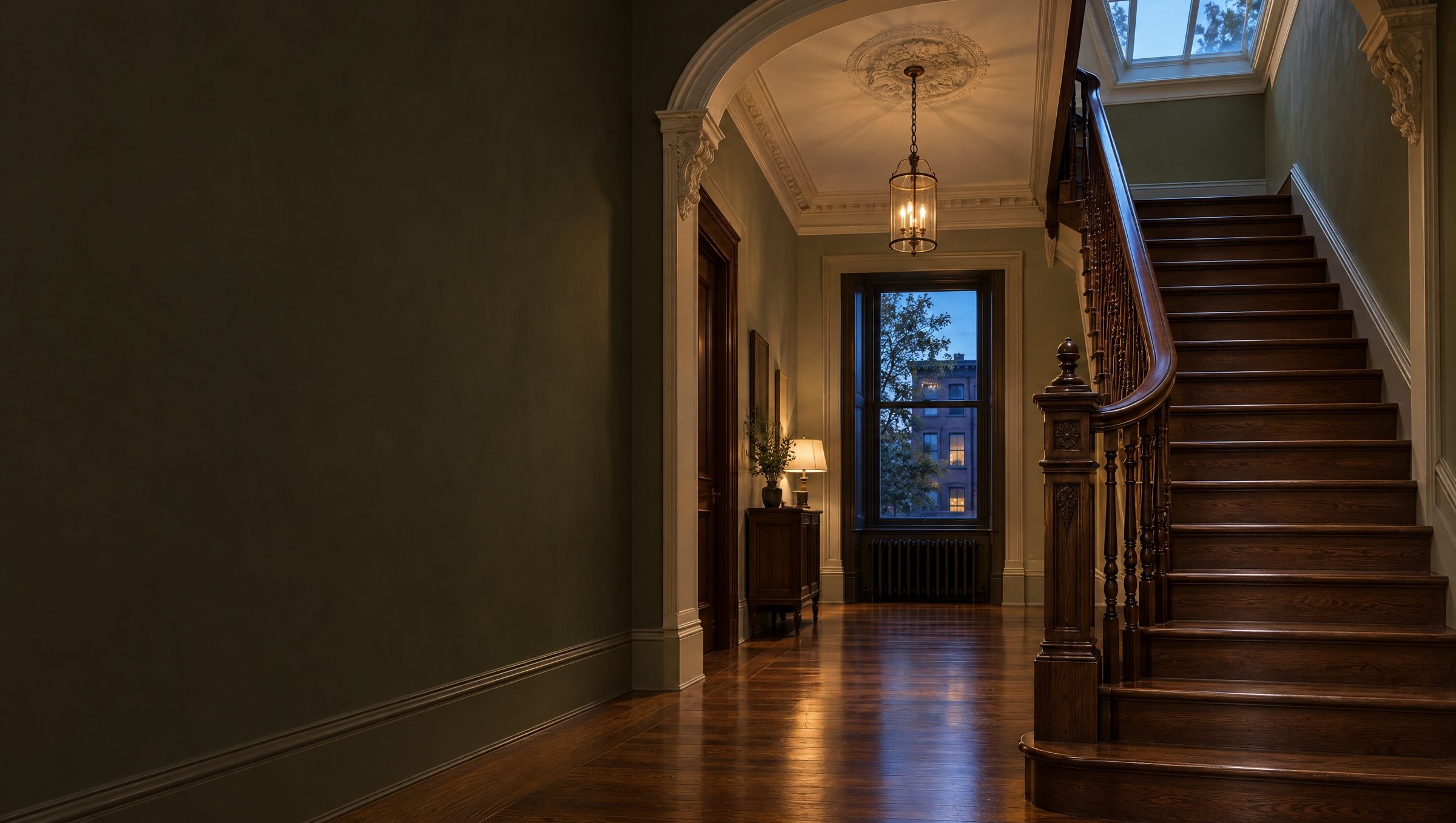 A brownstone entrance hall with an original walnut staircase and carved newel post