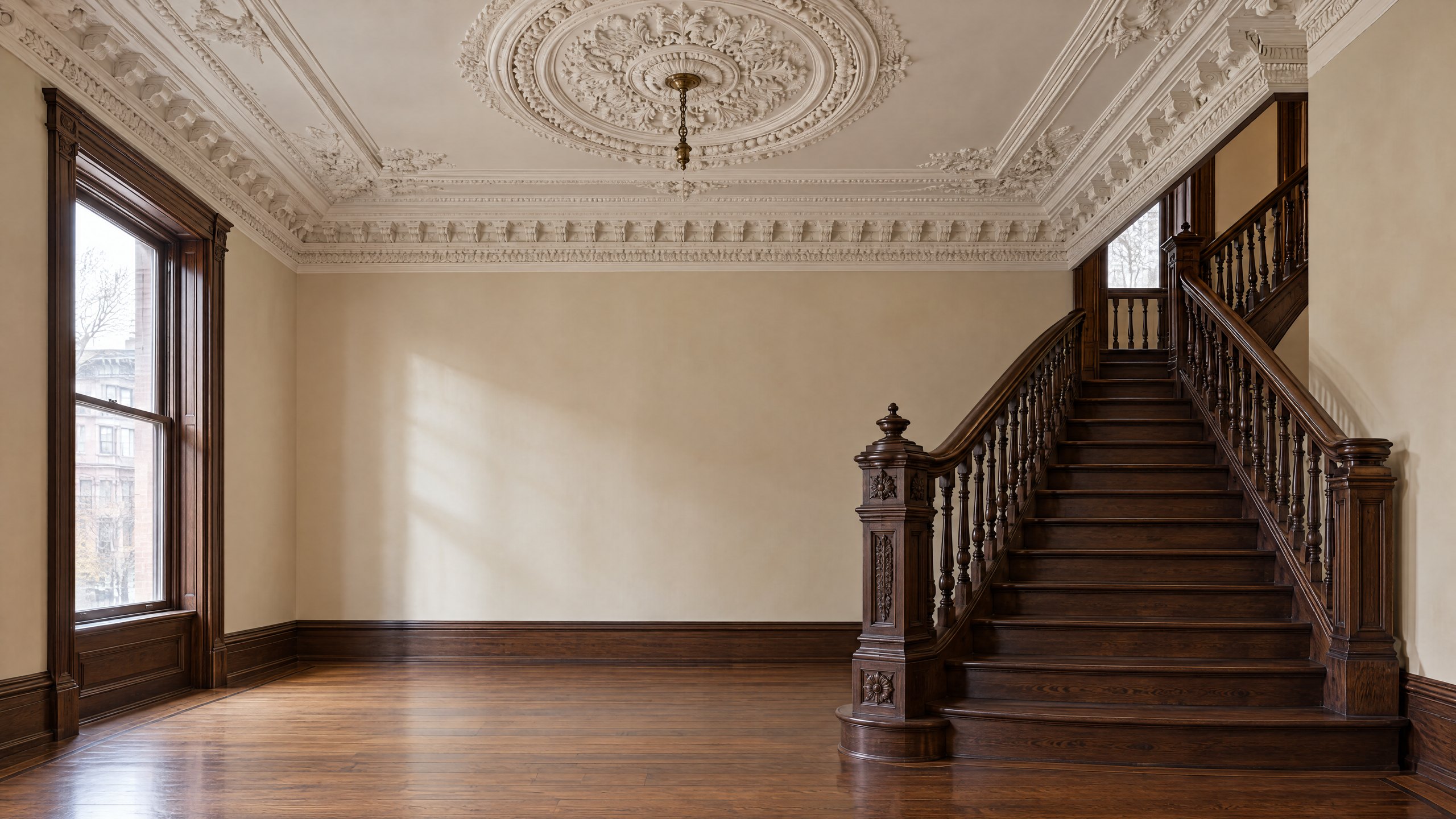 A brownstone entrance hall with an ornate plaster ceiling and an original walnut staircase