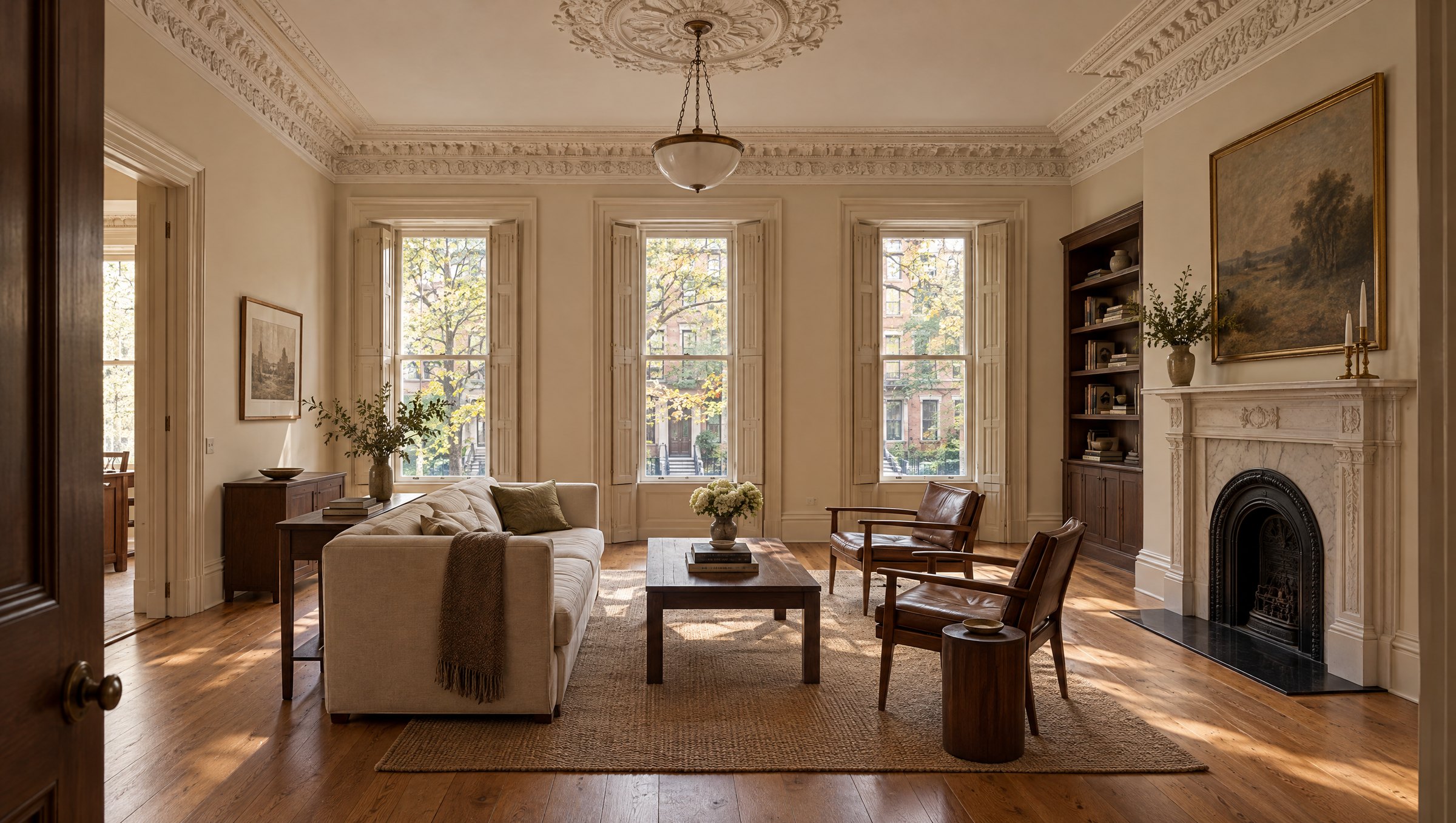 A restored brownstone front parlour with an ornate cornice and ceiling medallion