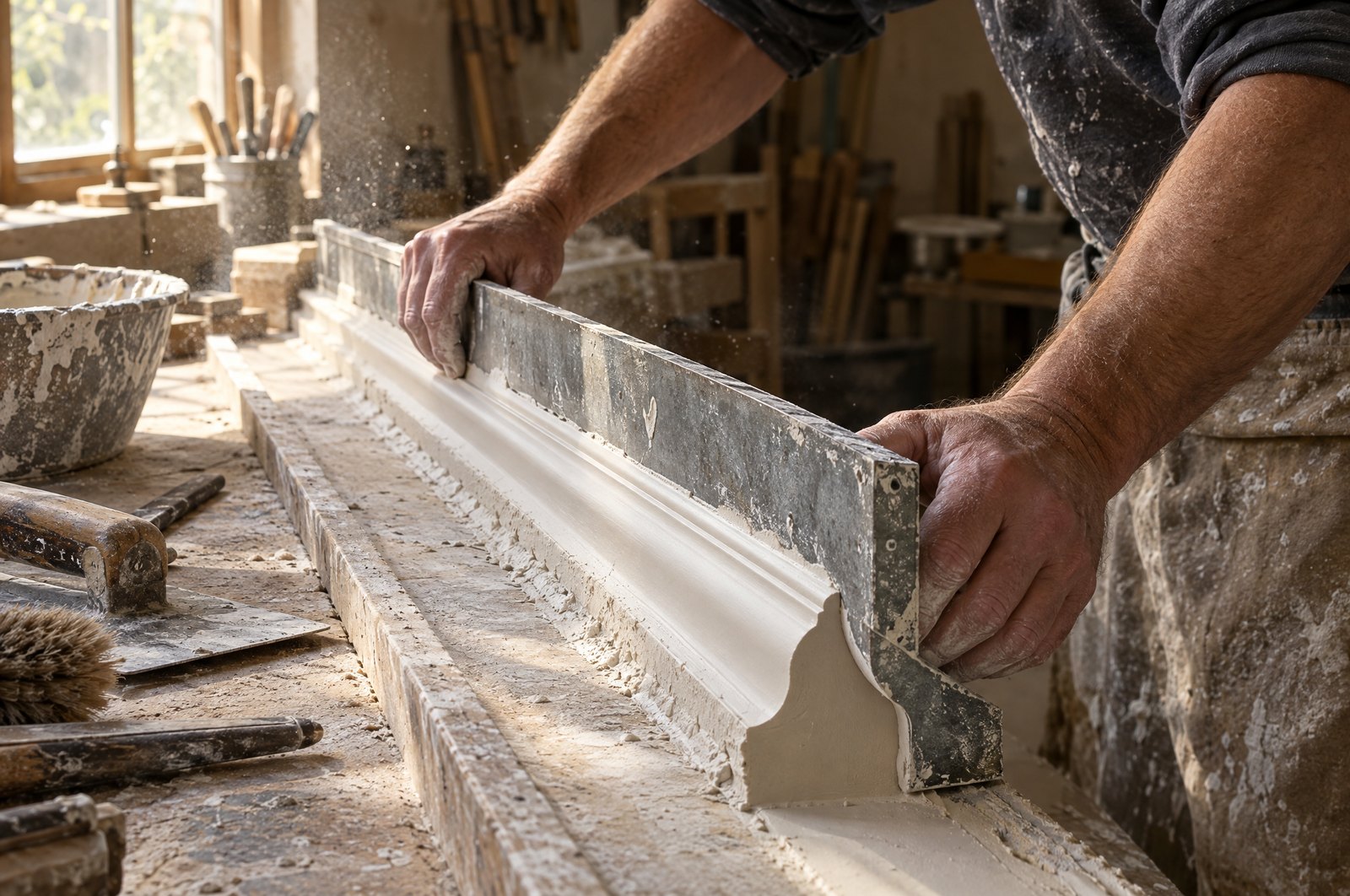A plasterer running a cornice profile in wet plaster with a zinc template